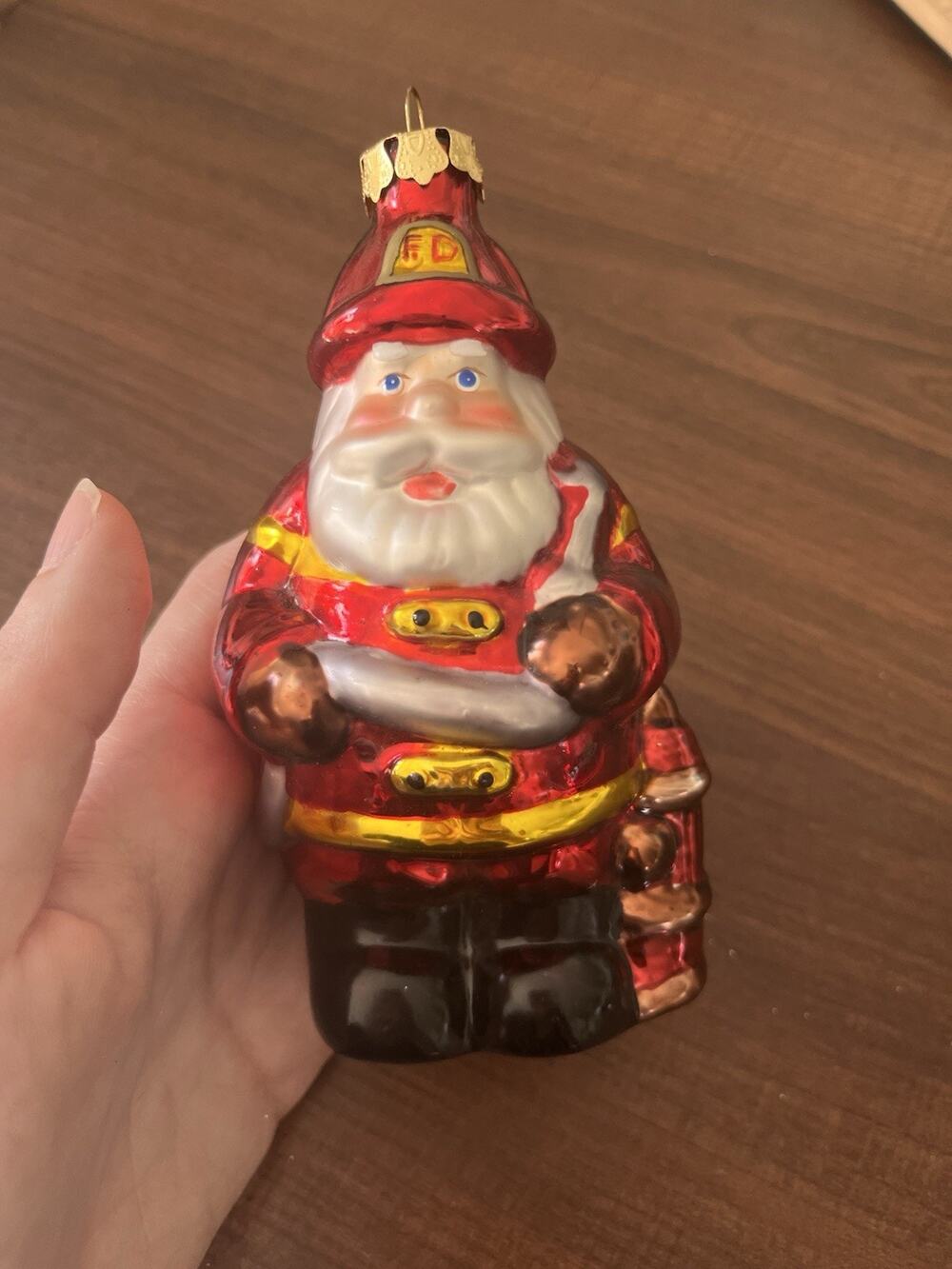 Christmas Ornament Santa Firefighter Hand Painted Glass Vintage